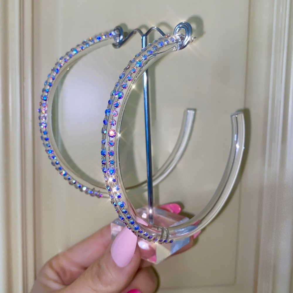 Oversized Iridescent Crystal Hoop Earrings Made On Clear Acrylic, Hoop Earrings